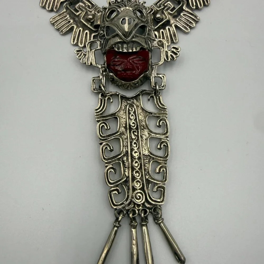 Heavy Sterling Silver Taxco Mexico Eagle Warrior Necklace Carved Amethyst Face - Picture 2 of 6